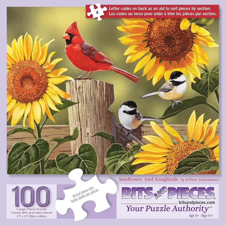 Bits and Pieces Jigsaw Puzzles for Adults 100 Pieces - Sunflower Songbirds