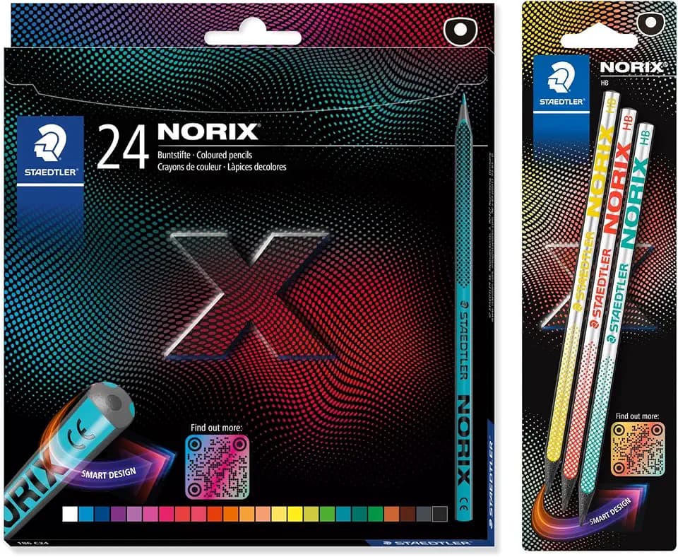 STAEDTLER NORIX 186 Buntstift und 181 Bleistift Set, Made from Upcycled Wood, einzigartige Form, 24 Buntstifte und 3 Bleistifte in sortierten Farben