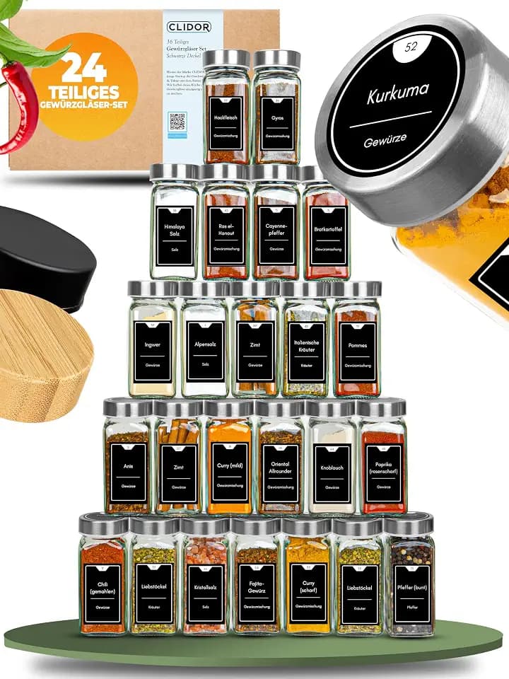 CLIDOR Gewürzgläser eckig [24 x 125ml], Luftdichte Gewürzgläser mit Streueinsatz + 248 wasserfeste Gewürzetiketten, Gewürz Organizer & Gewürzdosen, Gewürzstreuer zum Nachfüllen, Deckel aus Edelstahl