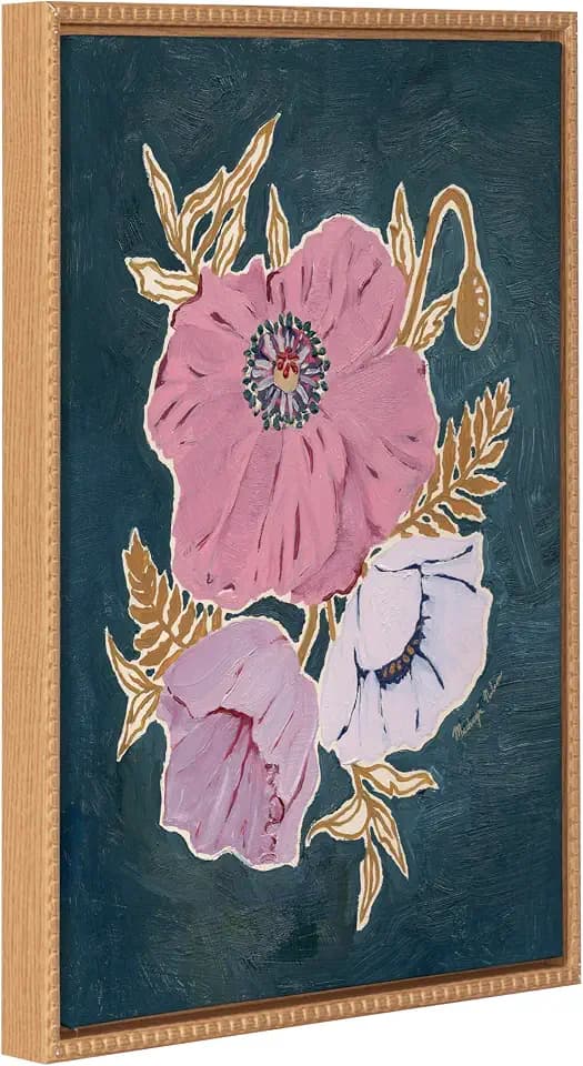 Kate and Laurel Sylvie Beaded Three Purple Poppies Vintage Framed Canvas Wall Art by Mackenzie Nelson, 18x24 Beaded Natural, Colorful Flower Art for Wall