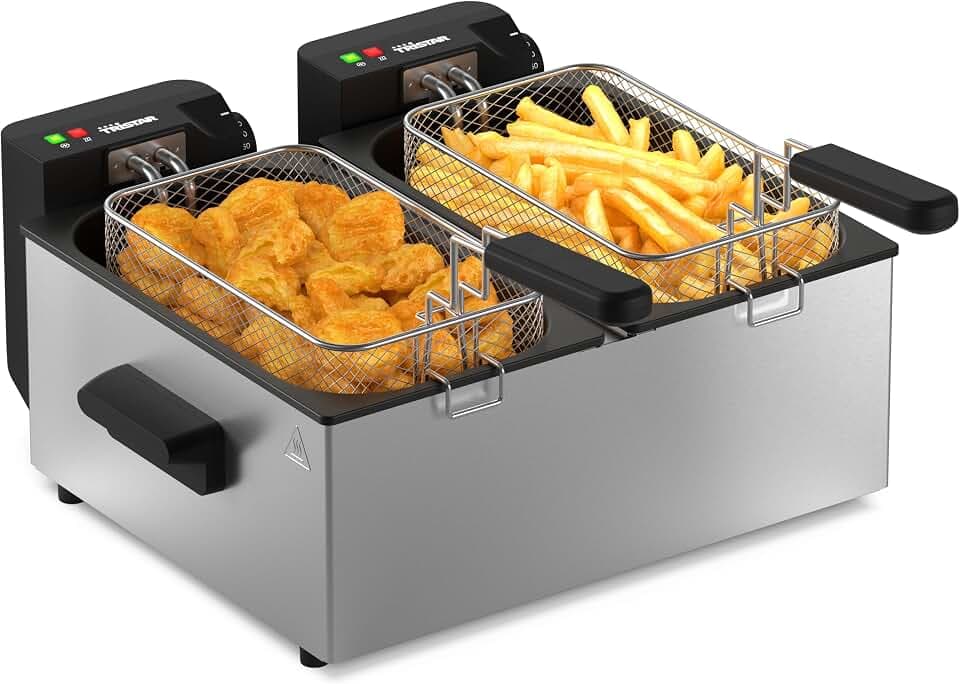 Tristar Edelstahl-Doppelfritteuse, 2 x 3 L Kapazität, Duale Thermostatfunktion, Separate Frittierbehälter, Edelstahlgehäuse, Für Pommes und Snacks, FR-9332