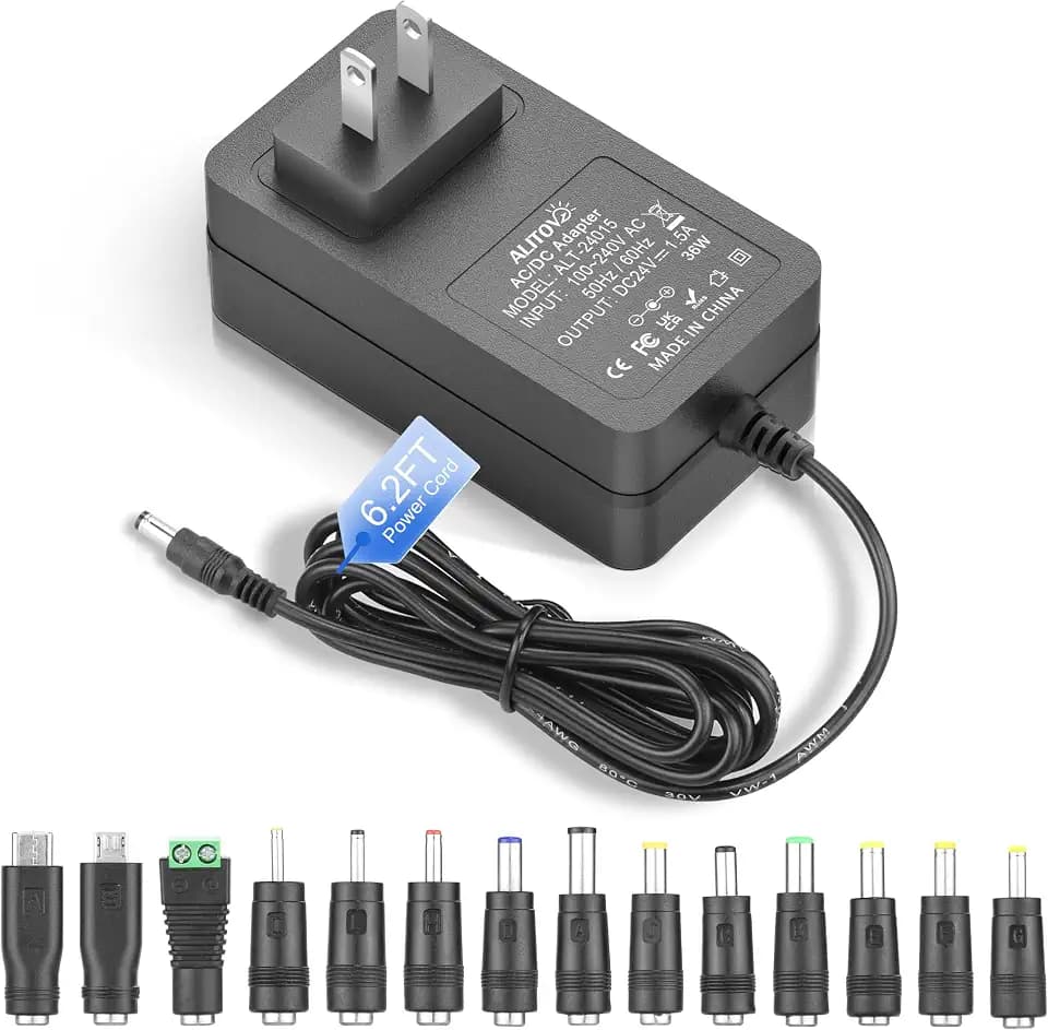ALITOVE 24V Power Supply 1.5A 36W AC Adapter 100-240V 50-60Hz to DC 24 Volt Power Cord 1.5 Amp 1500mA 1A Transformer Converter 6.2FT with 14 Tips
