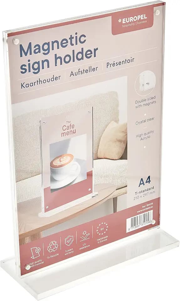 EUROPEL Luxe Tischaufsteller DIN A4, T-Aufsteller, mit Magnete, Hochformat, Acryl, Speisekarten & Prospekthalter für Restaurants, Hotels, Konferenz & Rezeption, freistehend & doppelseitig verwendbar