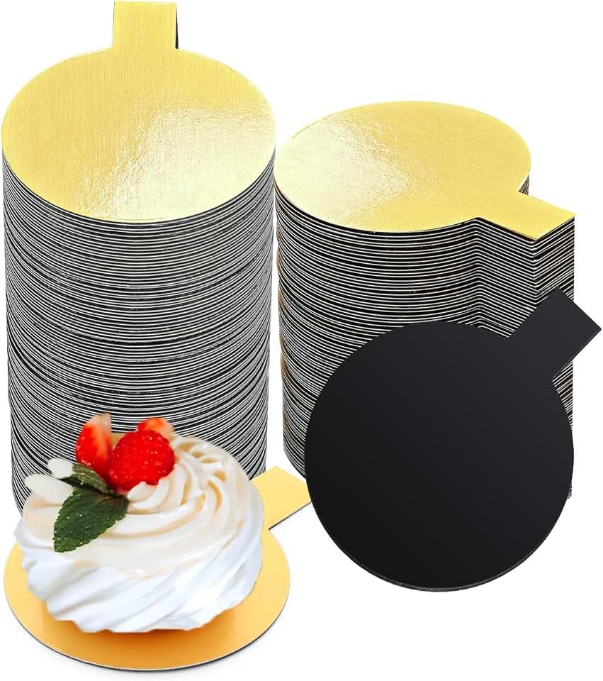 Teenyyou 200 Pcs 2 Inch Mini Cake Boards Round Cake Board, Gold and Black