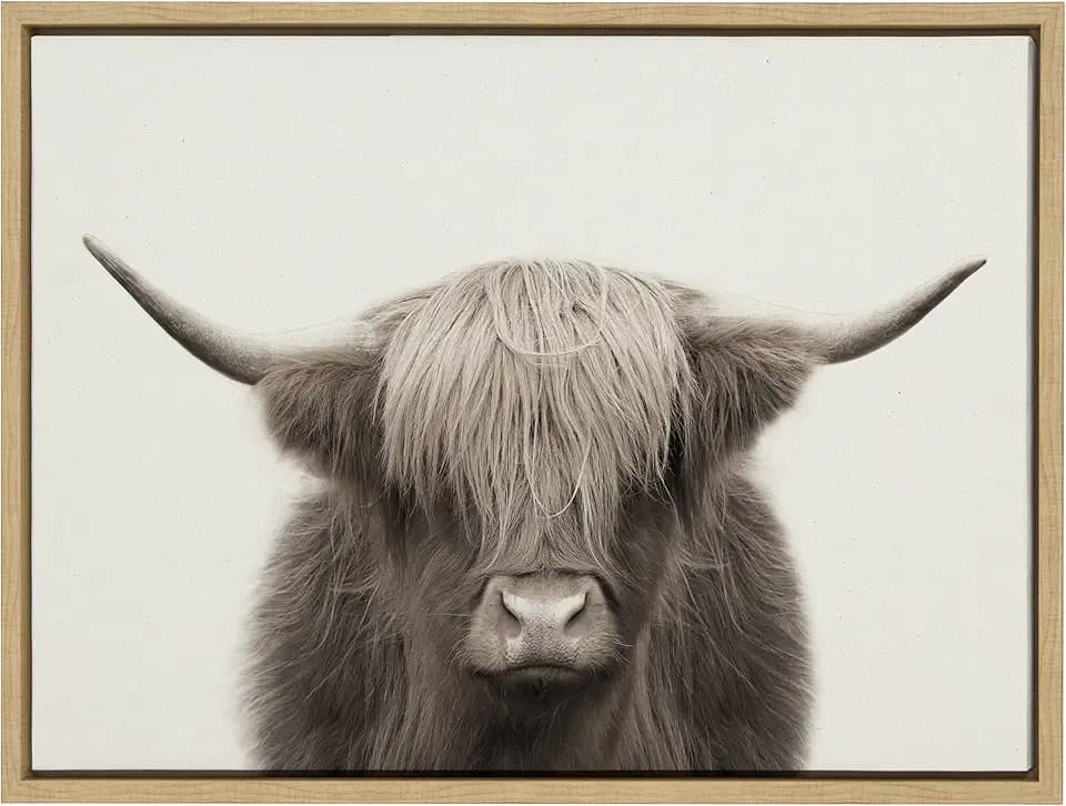 Kate and Laurel Sylvie Hey Dude Highland Cow Color Framed Linen Textured Canvas Wall Art by The Creative Bunch Studio, 18x24 Natural, Decorative Cow Art for Wall