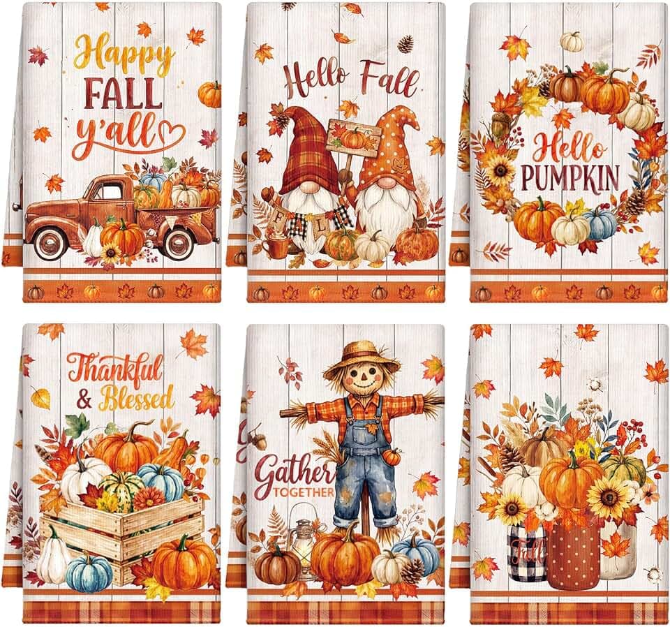 Redbaker 6 Pcs Fall Kitchen Towels Scarecrow Pumpkin Funny Dishcloth