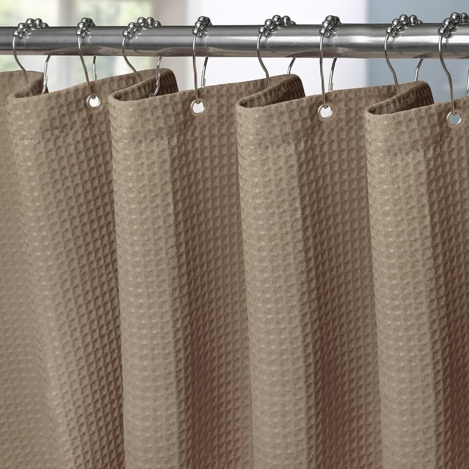 VANZAVANZU Waffel Duschvorhang mit Metall Duschvorhangringe Stoff Textil Badewannenvorhang Anti Schimmel Bad Vorhang Set Wasserdicht Schwerer Badewanne Vorhang - 182 x 198cm (Khaki)