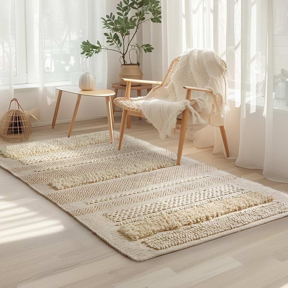 SUMGAR Boho Tribal Area Rug - 3x5 Woven Cotton, Washable, Handmade, Soft, Neutral Beige Cream, Tufted Knots, Living Room, Entryway Decor
