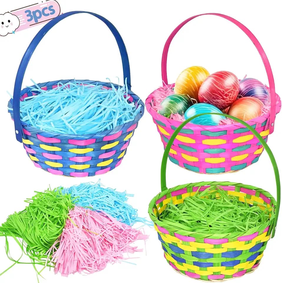 3Pack Easter Gift Woven Basket with Handles and Tricolor Grass Paper Shreds for Easter Egg Hunt Party, Picnic