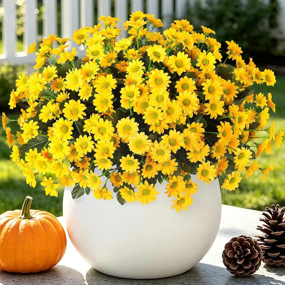 Ammyoo Fake Mums Artificial Flowers for Outdoor Decoration, 6 Bundles Faux Silk Daisy Flowers Realistic UV Resistant No Fade Fake Plants for Home Patio Porch Garden Window Box Decor(Yellow)