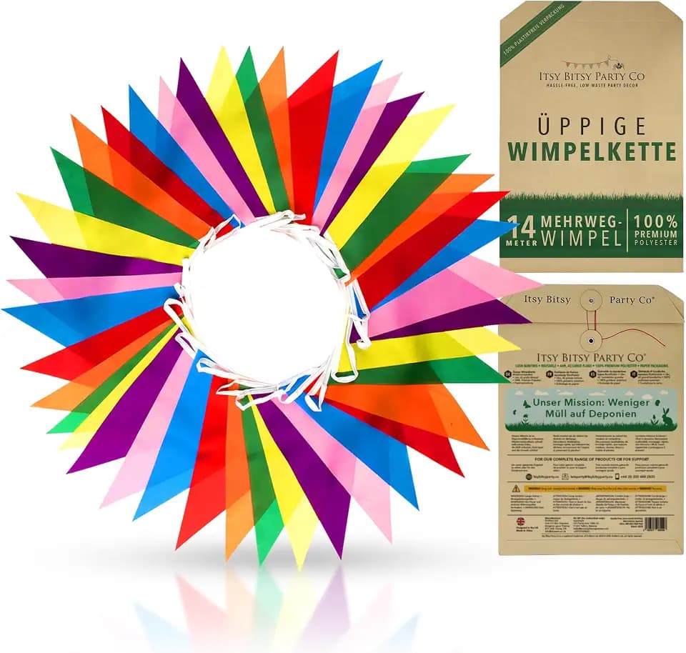 Premium Wiederverwendbare Wimpelkette Outdoor Wetterfest - wasserdichte Stoff Girlande Outdoor Banner Deko Party - Regenbogen Girlande Geburtstag, Gartenparty, Sommerparty Deko (14m, 42 Große Fahnen)