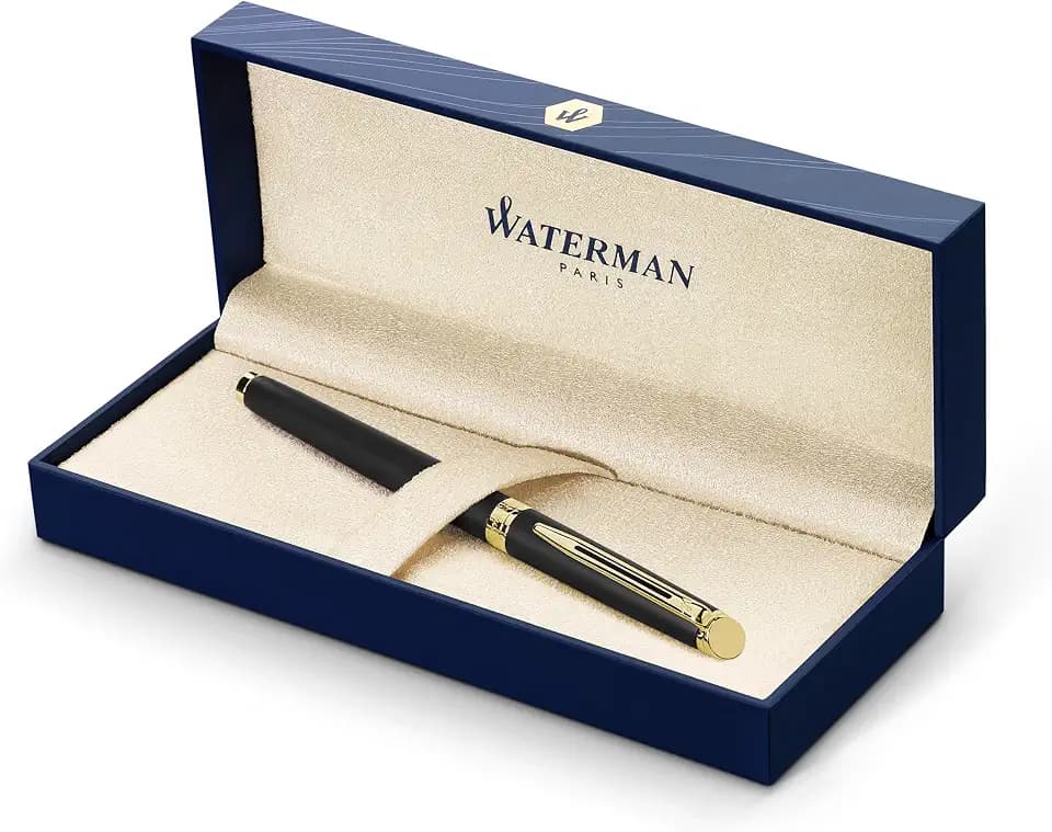 Waterman Hémisphère Tintenroller | Mattschwarz mit Goldzierteile | feine Spitze | Schwarze Tinte | Geschenkbox