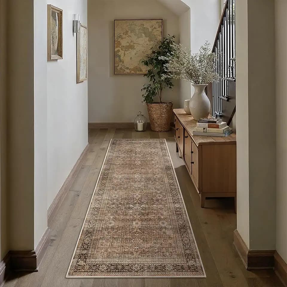 Schweek 2x5 Runner Rug Washable Non-Slip Neutral Rugs for Hallways Brown