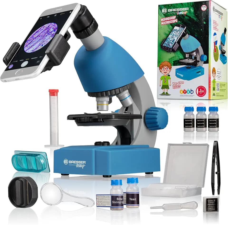 Bresser Junior Kinder Mikroskop 40x-640x mit LED, Zoom-Okular, Smartphonehalter, Urzeitkrebse-Set, ab 8 Jahren