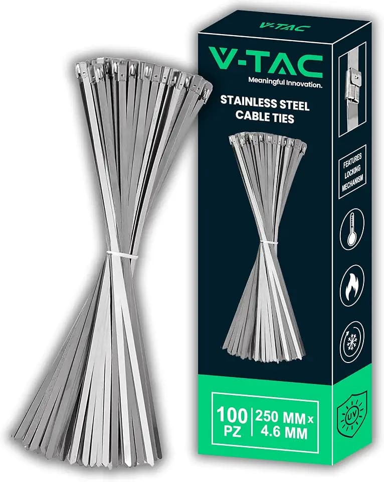 V-TAC Kabelbinder aus Edelstahl - [ LÄNGE: 25 CM ] - Packung mit 100 STÜCK - Breite 4,6 mm - Mehrzweck-Kabelbinder für Verkabelungen - Kabelhalter für Elektriker, Mechaniker und Metallrohre