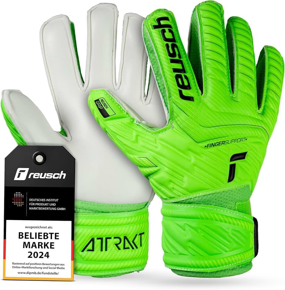 Reusch Torwarthandschuhe Kinder | Fingerschutz | zuverlässiger Grip | atmungsaktiv, für Training & Spiel, geeignet für Kunstrasen & Naturrasen, Größe 4-8, Attrakt Grip Finger Support Junior