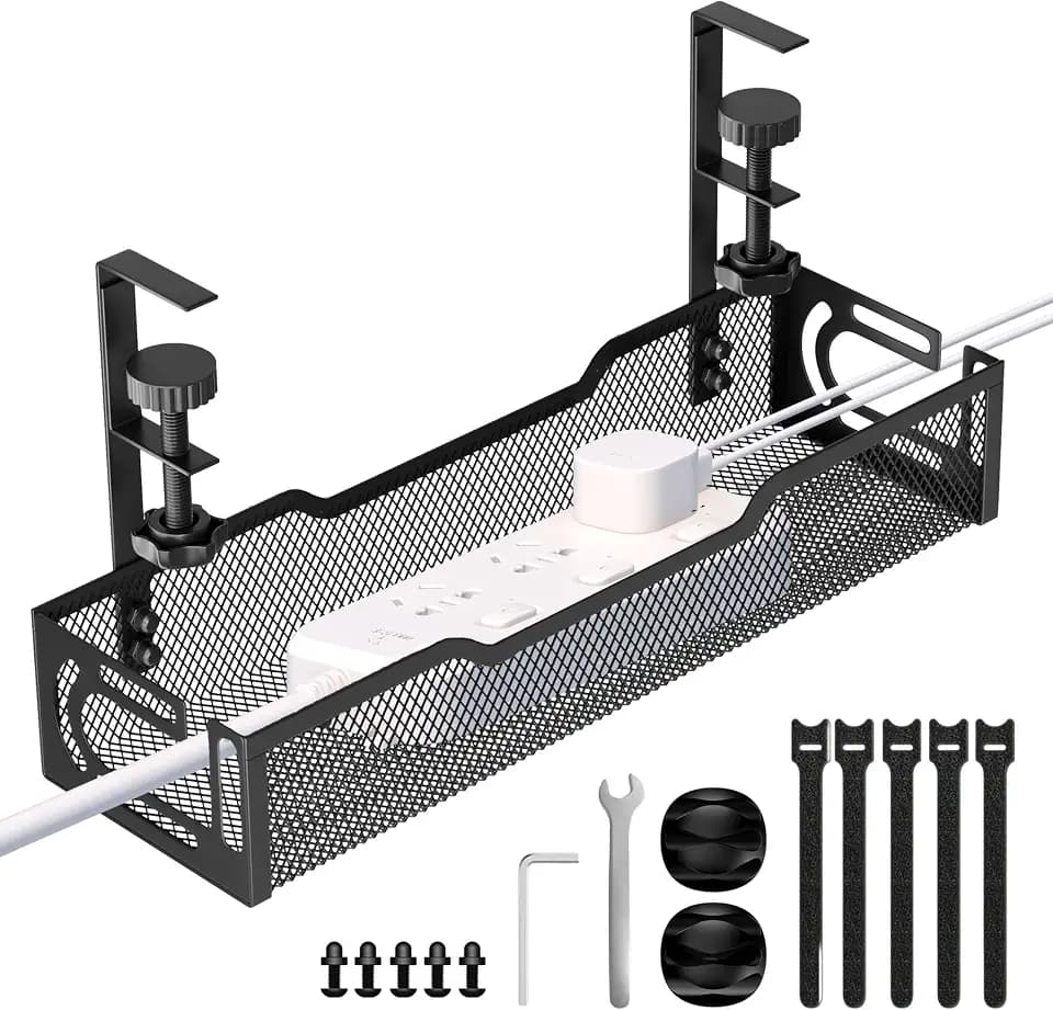 Under Desk Cable Management Tray, No Drill Mesh Cable Tray Cord Organizer