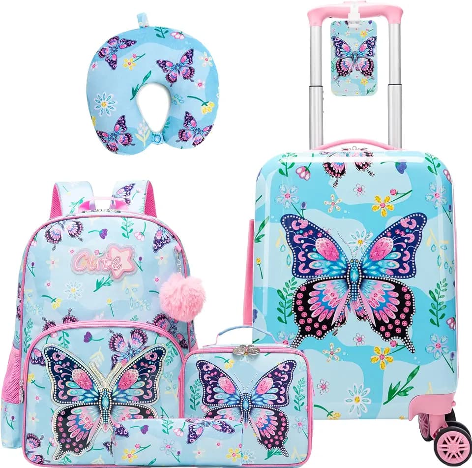 Kid's Luggage Set 5 Piece Suitcase Set 16" Hardside Luggage with Spinner Wheels Blue Butterfly Girls Carry on Toddler Travel Rolling Suitcase with Neck Pillow Airline Approved