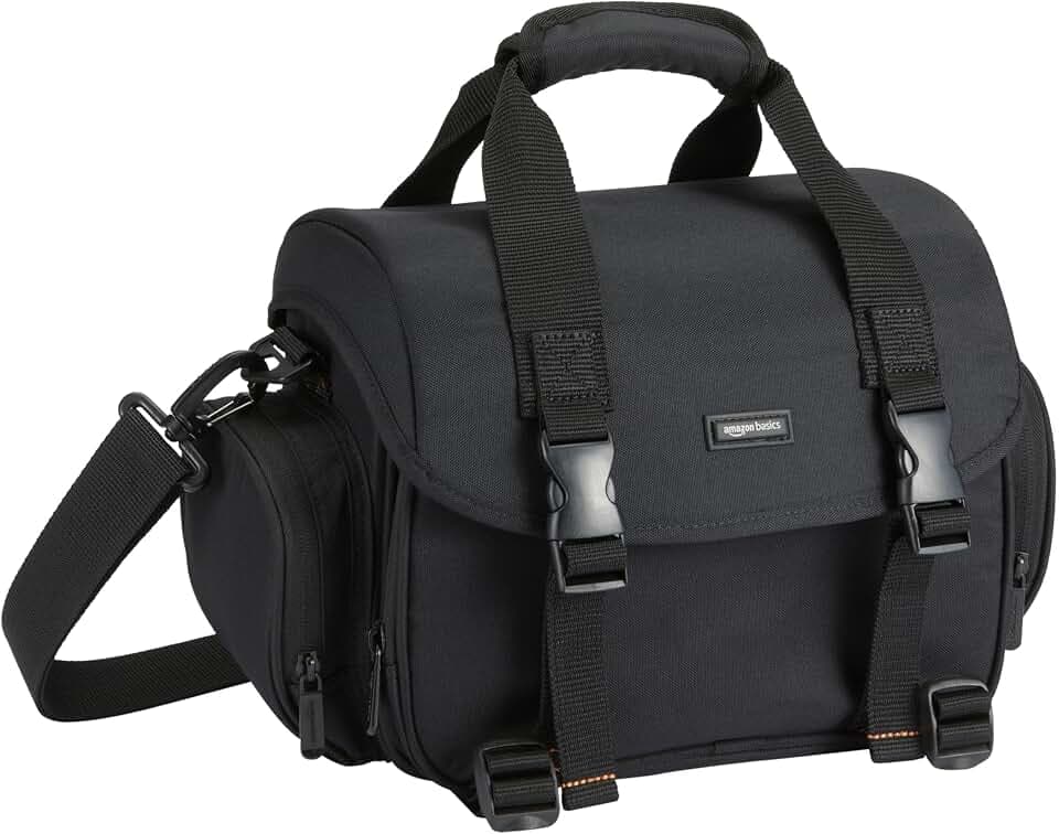Amazon Basics Schultertasche für SLR-Kamera, Groß, Schwarz/Orange | Wasserdicht