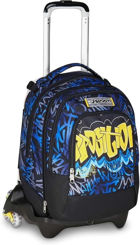 Seven Trolley Jack Detach Schulrucksack mit Rollen, Schulranzen 1 Klasse Junge, Trinkflaschenfach, Abnehmbarer Kleiner Rucksack, blau/gelb