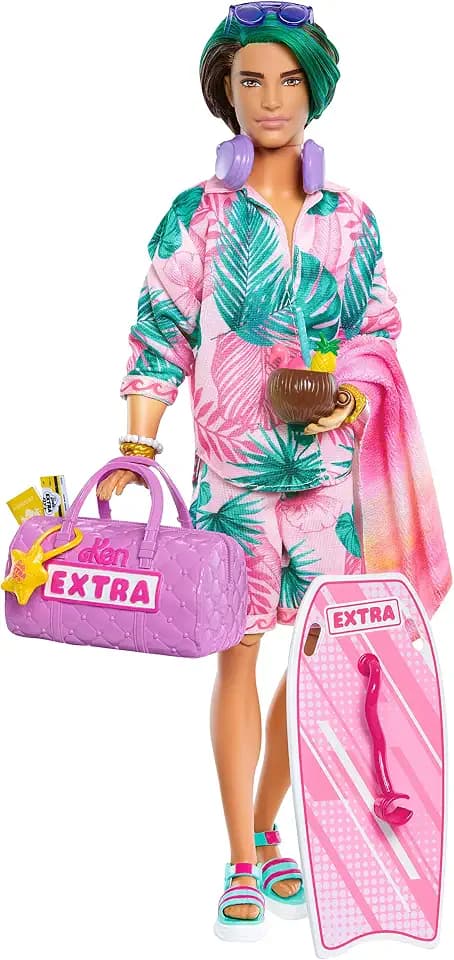Barbie Extra Fly - Ken Reisepuppe mit tropischem Outfit, Boogie Board, Seesack und Zubehör für kreatives Geschichtenerzählen, beweglicher Körper, für Kinde ab 6 Jahren, HNP86