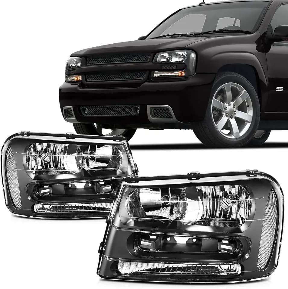 SCITOO Headlight Assembly for 2002-2009 Chevrolet Trailblazer For 2002-2006 Chevrolet Trailblazer EXT Headlamp Replacement with Black Housing Chrome Reflector Clear Lens