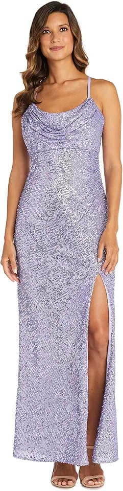 Nightway Juniors' Long Sequin Cowl Neck Gown W/Cross-Back Spaghetti Straps & Side Slit - Prom Cocktail Party