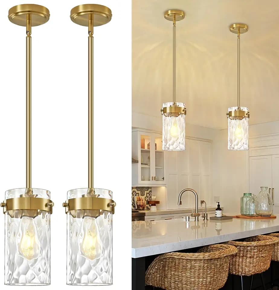Brushed Gold Pendant Lights for Kitchen Island 4.72" Hammered Glass 2 Pack