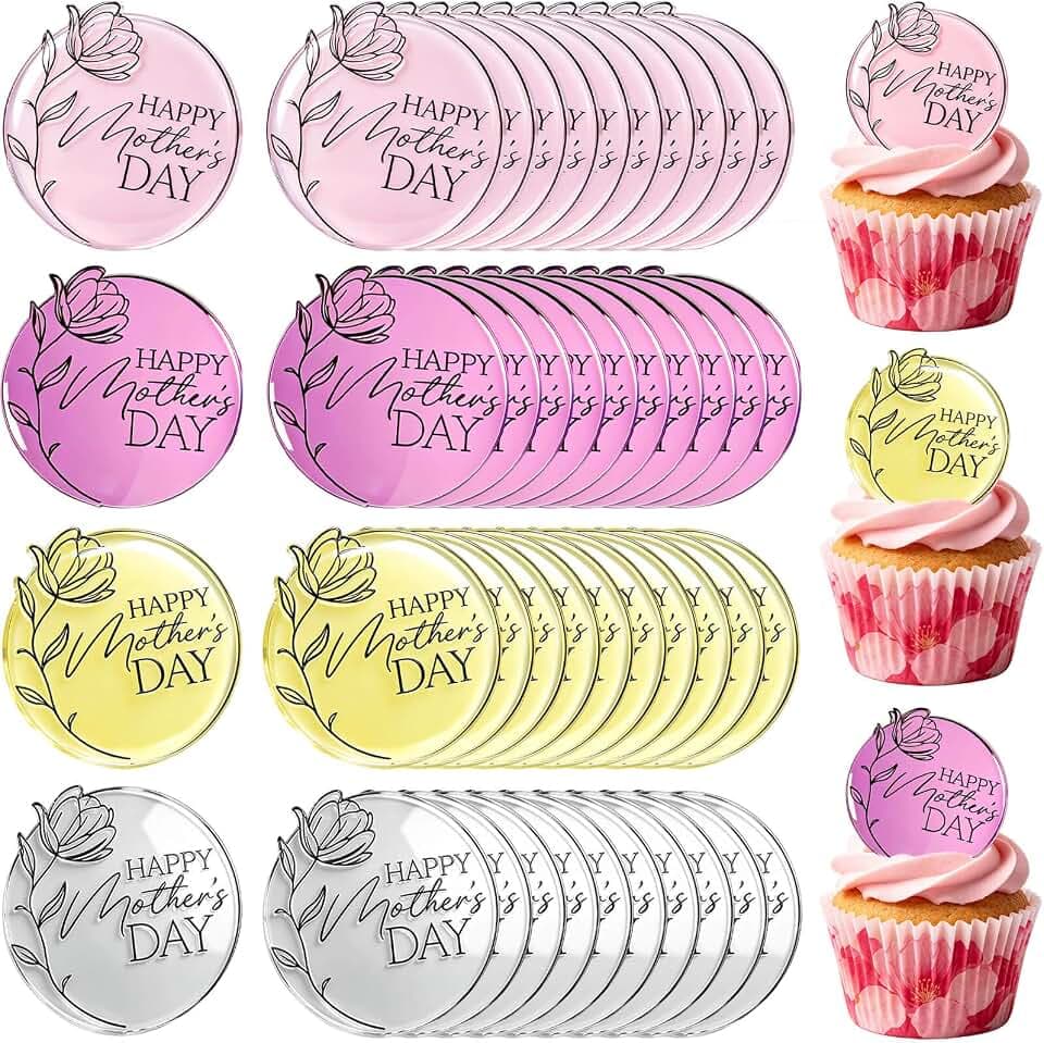 40pcs Happy Mother's Day Cupcake Toppers Flower Shape Acrylic Mirror Cake Disc Round Cake Engraved Topper Gold Siver Rose Red Cake Toppers for Mom Birthday Gift Mothers Day Party Decorations (Round)