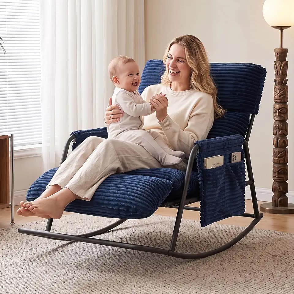 Nursery Rocking Chair with Footrest, 450 Lbs Capacity Heavy Duty Steel Frame, 3-Position Adjustable Backrest Nursing Chair for Leisure, Modern Corduroy Rocker with Side Pockets, Navy