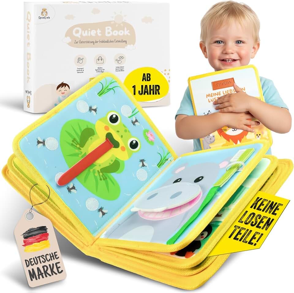 SpielLieb® Montessori Quiet Book ab 1 Jahr - Busy Board ab 1 Jahr mit Tieren - Quiet Book & Motorikspielzeug, ideale Beschäftigung für Autofahrten - Geschenk Junge & Mädchen (Gelb)