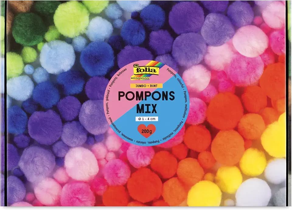 folia 50209 - Pompons Mix JUMBO BUNT, 200g Pompoms in 15 Farben, ca. 900 Plüschkugeln mit Ø 1-4 cm, zum Basteln, Verzieren und Dekorieren