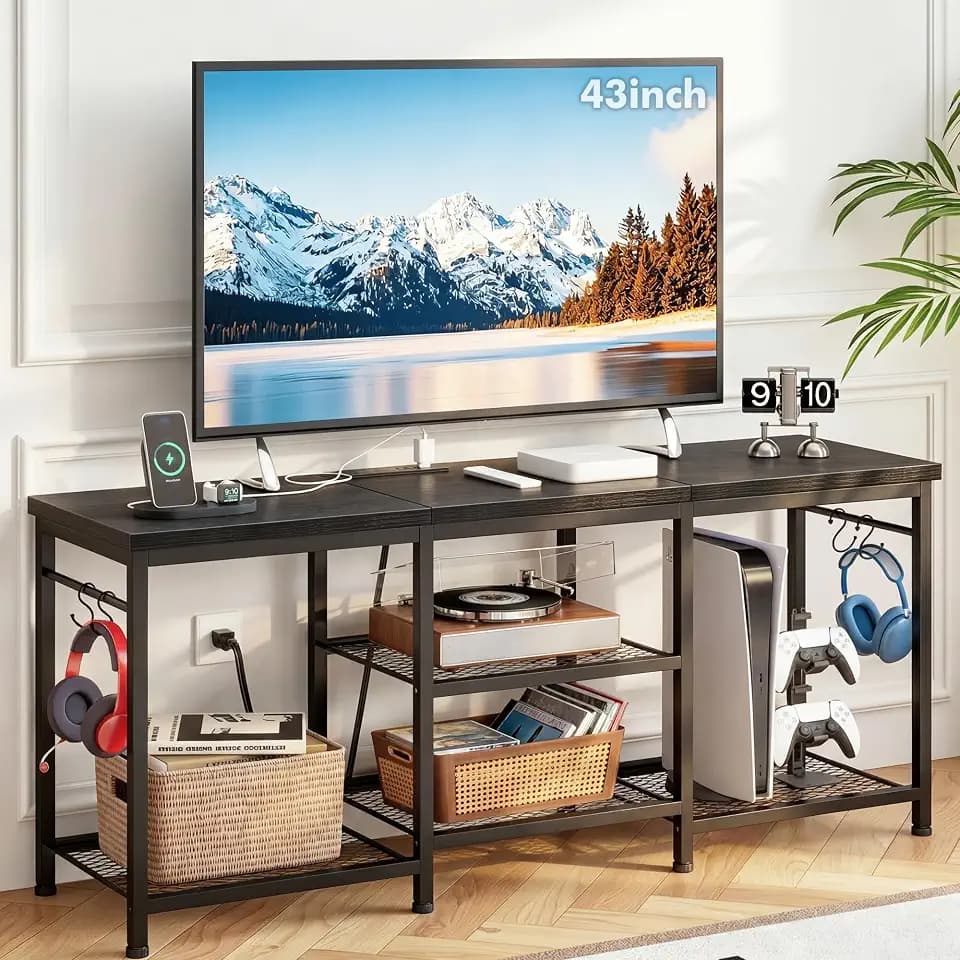 YGEOMER TV Stand for TVs Up to 50 Inch with Outlets, Bedroom, Black