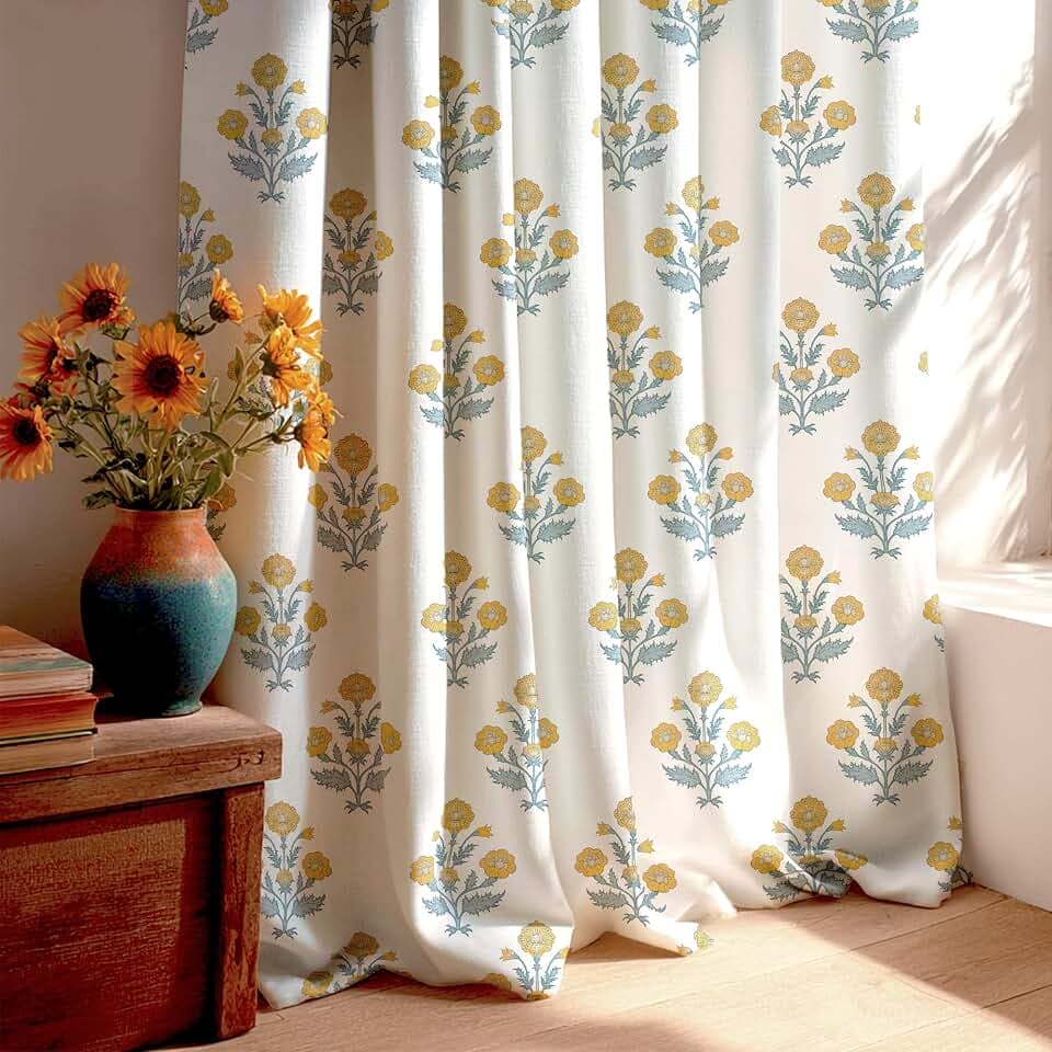 StangH Floral Curtains 84 Inches for Bedroom, Vintage Printed Faux Linen Drapes Thick & Privacy Window Treatment for Nursery/Girl's Room/Dining Room-52x84 Inches, Canary Yellow, 2 Panels