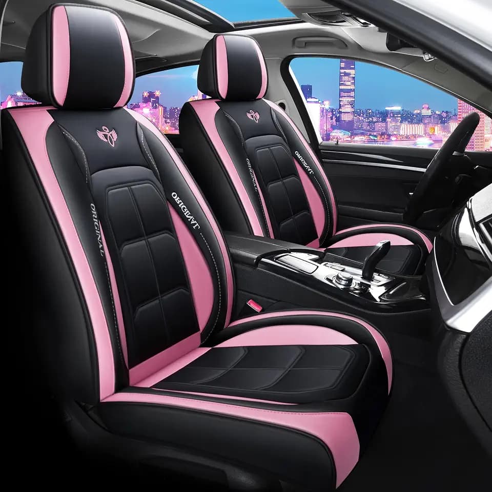 Zvaluqy06 Comfortable Leather Auto Car Seat Covers Front & Rear Seat Protector Fit Sedan SUV 5 Seats Full Set Universal Fit (Black and Pink)