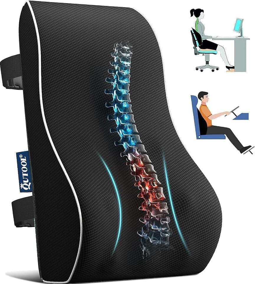 Qutool Rückenkissen aus Memory Foam, Lendenkissen für Bürostuhl, Gaming-Stuhl, Rückenstütze für Schreibtischstuhl Lendenwirbelkissen mit Doppelte Verstellbare Riemen, Netzabdeckung (Schwarz)