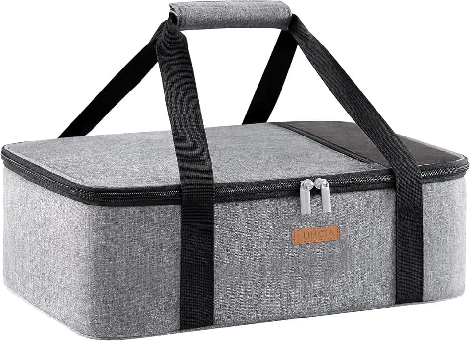 LUNCIA Insulated Single Decker Casserole Carrier, Lasagna Lugger Tote Keeps Food Hot or Cold, Thermal Lunch Bag for Potluck Parties, Picnic and Cookouts, Fits 8"x11" Baking Dish, Grey
