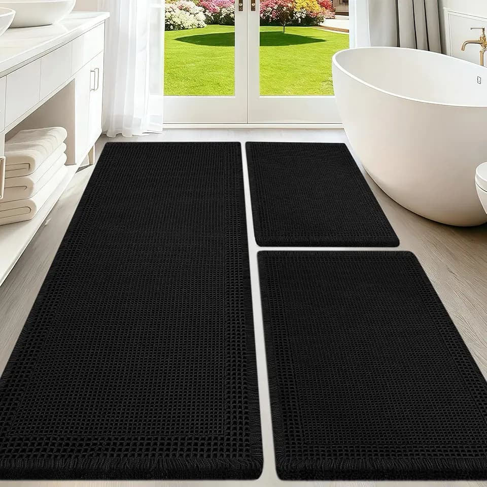Upgraded Waffle Bath Mat Set 3 Piece Black-Bordered, Super Absorbent Non-Slip Quick Dry Bathroom Rugs with Tassels, Machine Washable Ultra Soft Boho Bath Rugs for Floor, Bath Mats Boho Farmhouse Decor