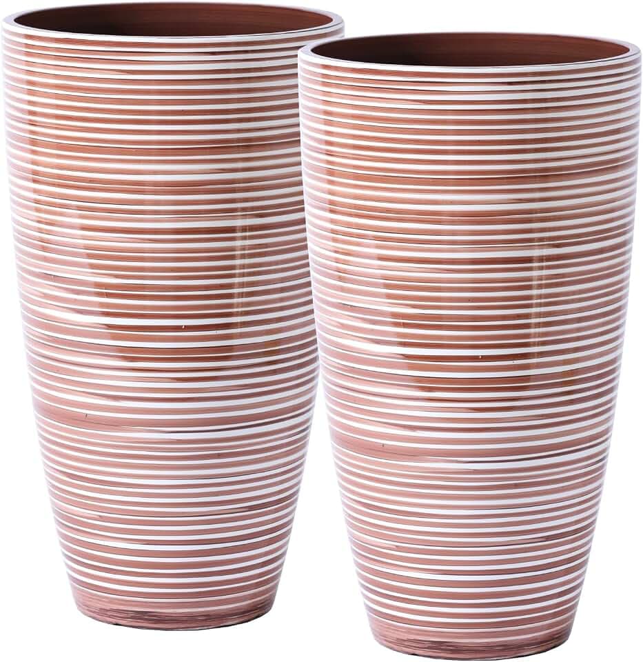 SUN-E Tall Planters for Outdoor Plants 2Pack, 21-Inch Large Striped Planter with Removable Insert Shelf,Ribbed Coffee&Milk Finish Tall Flower Pots for Front Porch Deck Boho Home Decor For Plant Lovers