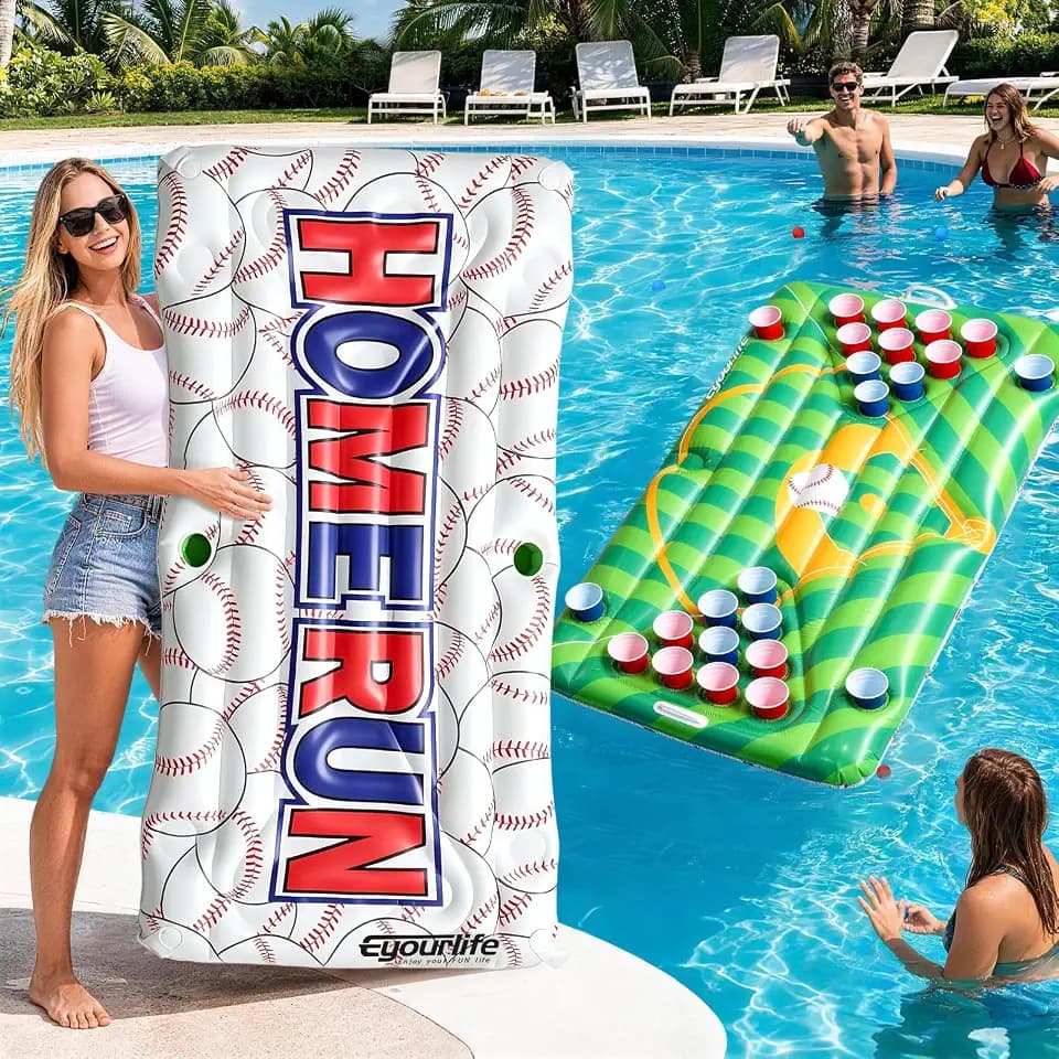Baseball Pool Float & Inflatable beer Pong Table - 6ft Heavy Duty Reversible Ballpark Lounge for Adults, Complete Game Set for Pool Party, Lake & Backyard BBQ, Includes Balls, Cups, Pump, Stakes & Bag