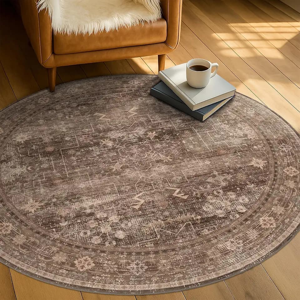 Hazo Haus Brown 4ft Circle Area Rug for Living Room, Washable Round Rug for Kitchen, Bedroom, Modern Traditional Oriental Neutral - Non Slip with Rubber Backing, Low Pile & Stain Resistant
