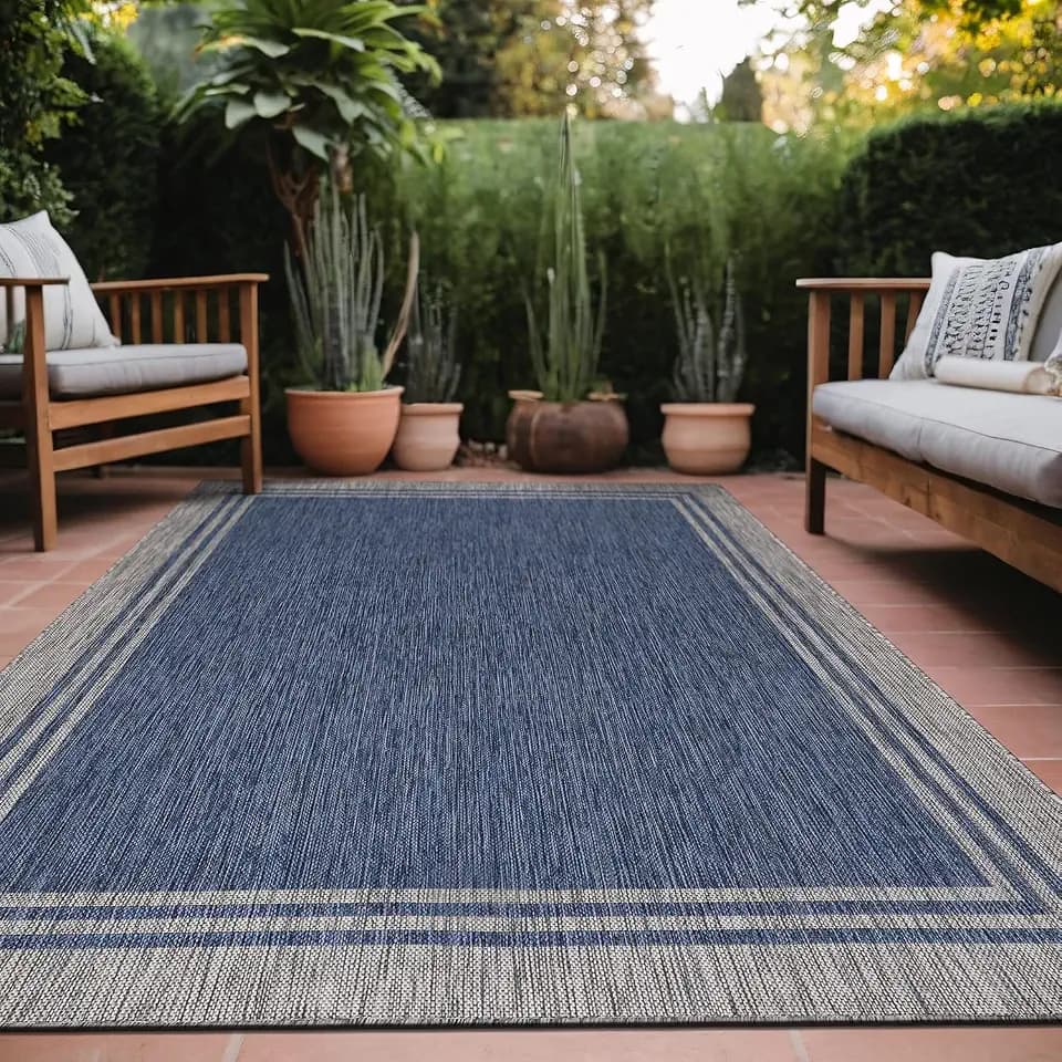 Luul Home Bordered Outdoor Rug 8x10 Washable Outside Carpet for Indoor Patio Porch Waterproof Easy Cleaning Non Shedding Area Rugs Navy 8 x 10