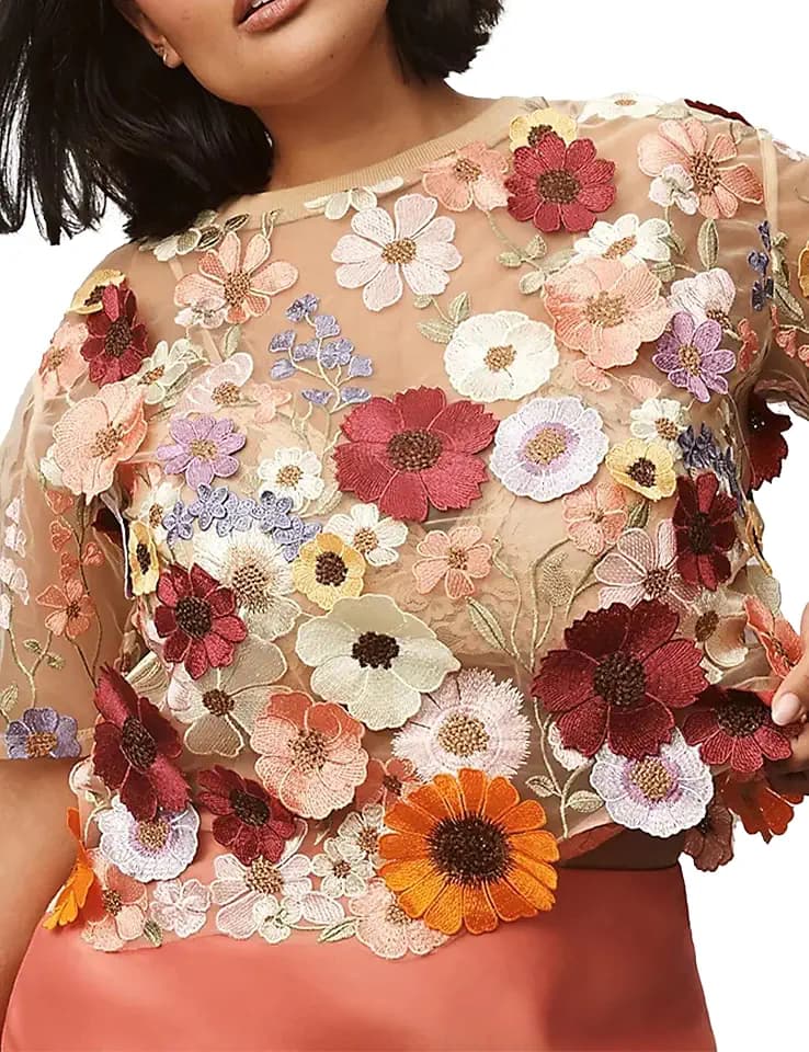 Women's Embroidered Tops 3D Floral Sheer Lace Shirt