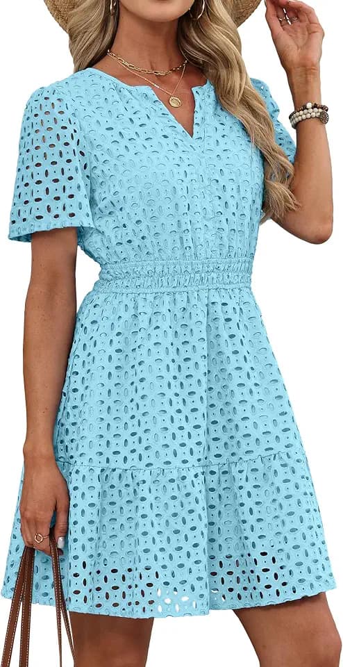 RUMIA Womens Dresses 2026 Summer V Neck Eyelet Lace A Line Short Dress