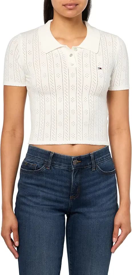 Tommy Jeans Women's Short Sleeve Knit Polo with Texture Details