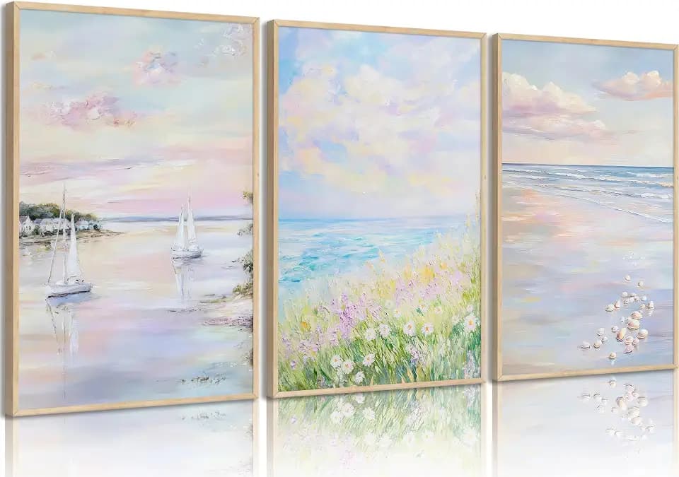 3Pcs Pastel Coastal Wall Art Pink Beach Shell Pictures White sailboat Wall Decor Ocean Wildflowers Posters Summer Beachy Preppy Painting Print Artwork for Beach House Bedroom Dorm Apartment, Unframed