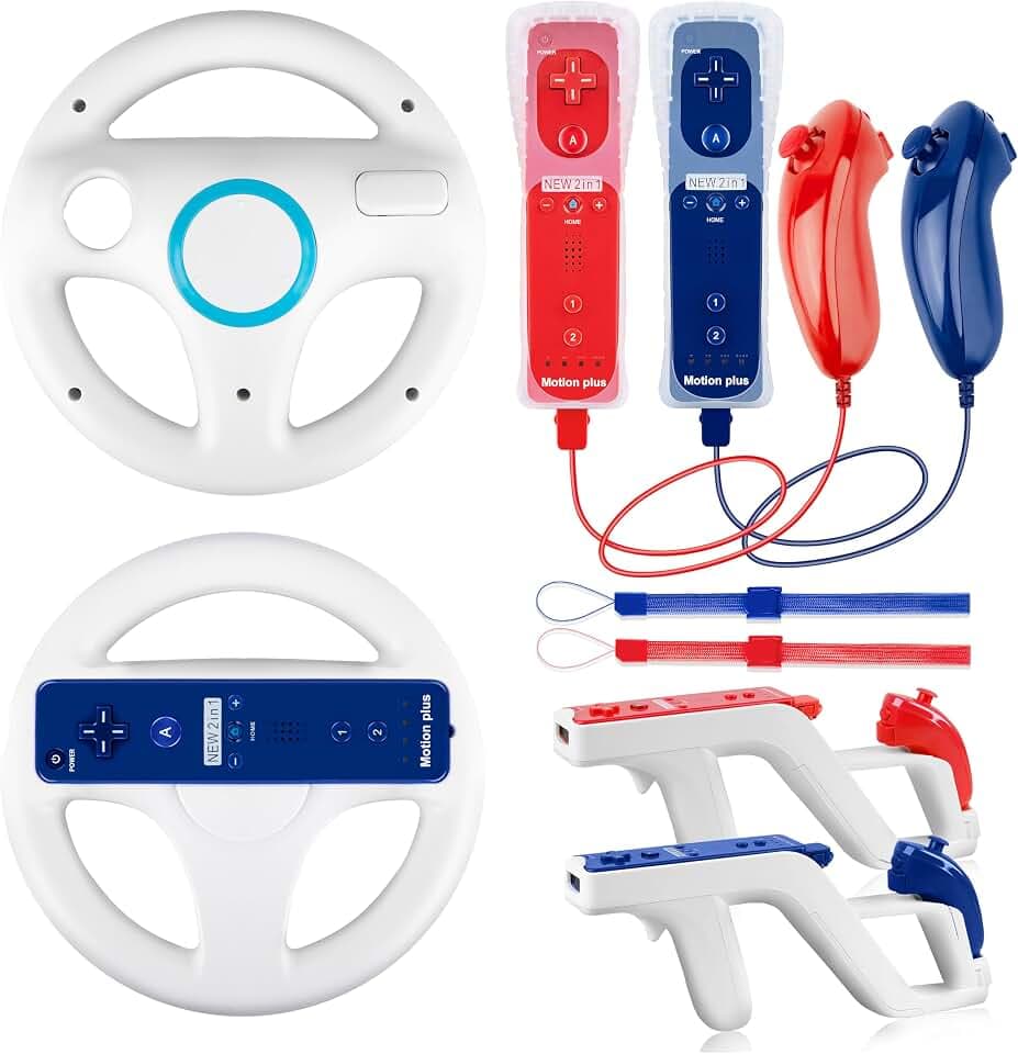 SWeien 8-in-1 Game Bundle, 2 Pack Wii Remote Motion Plus Controllers with Nunchucks, 2 Mario Kart Steering Wheels & 2 Zapper Light Guns, Compatible with Nintendo Wii/Wii U