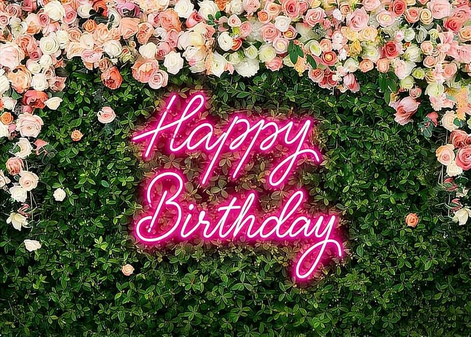 7x5FT Green Leaves Happy Birthday Backdrop Girls Flower Wall Pink Rose Photography Background for Women Girls Greenery Leaves Birthday Photo Studio Shoot Newborn Baby Shower Party