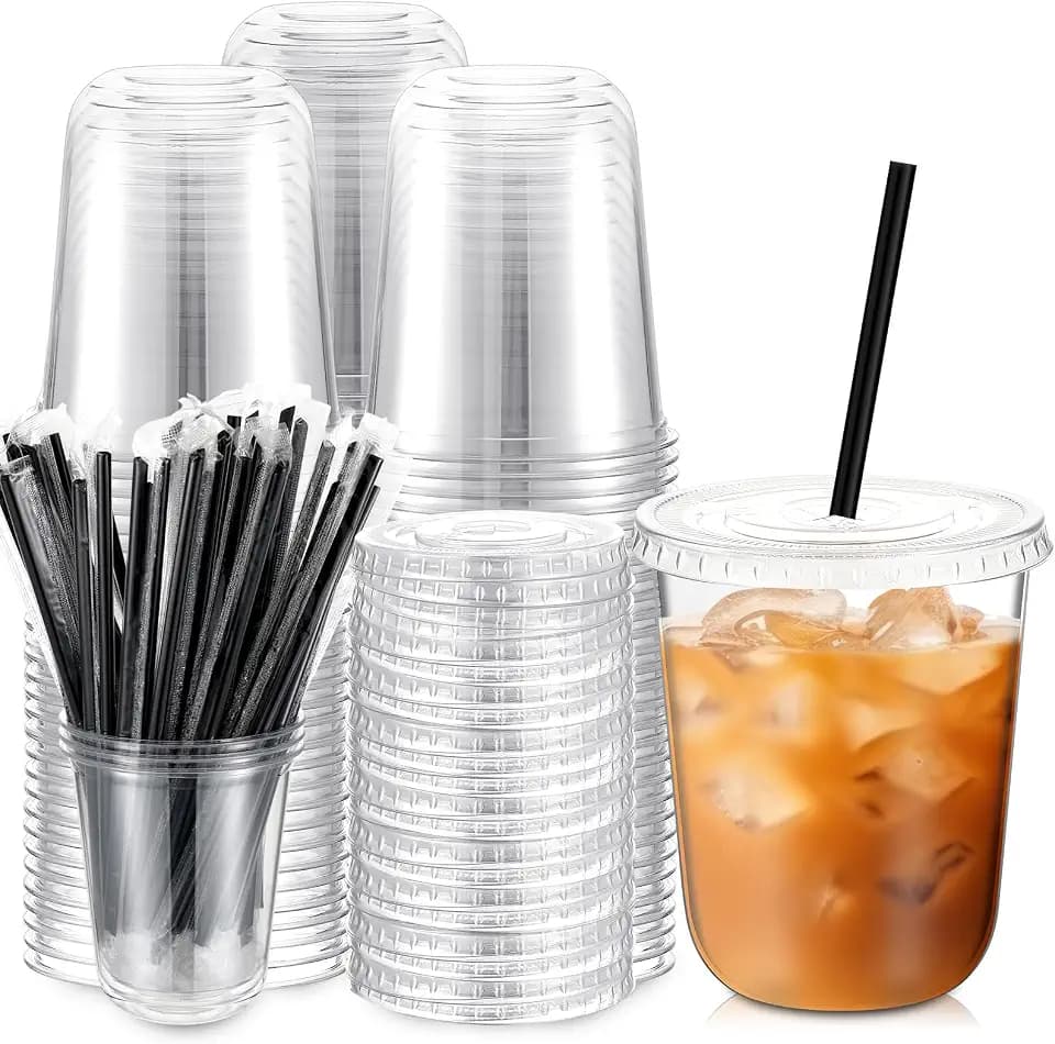 Ziliny 100 Sets 14 oz Clear Plastic Iced Coffee Cups with Lids and Straws