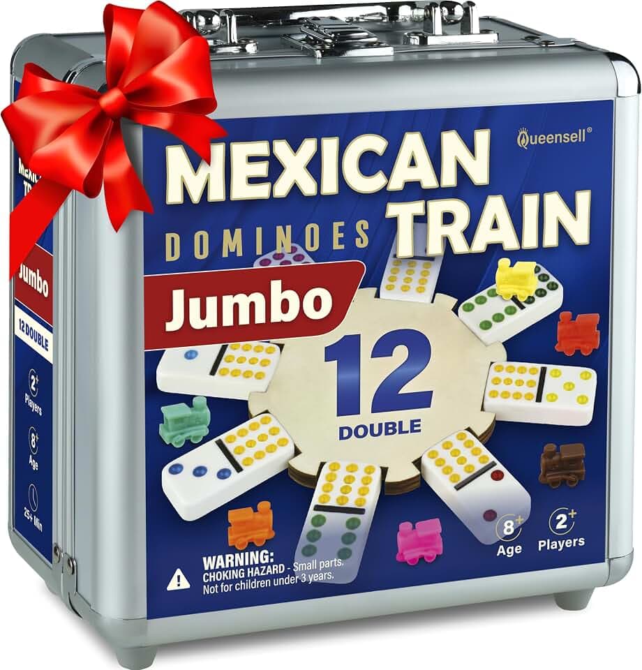 Queensell Mexican Train Dominoes Set with Jumbo Tiles – Double 12 Dominoes Set for Adults, 91 Tiles with Colorful Dots, Wooden Hub, Train & Aluminum Case